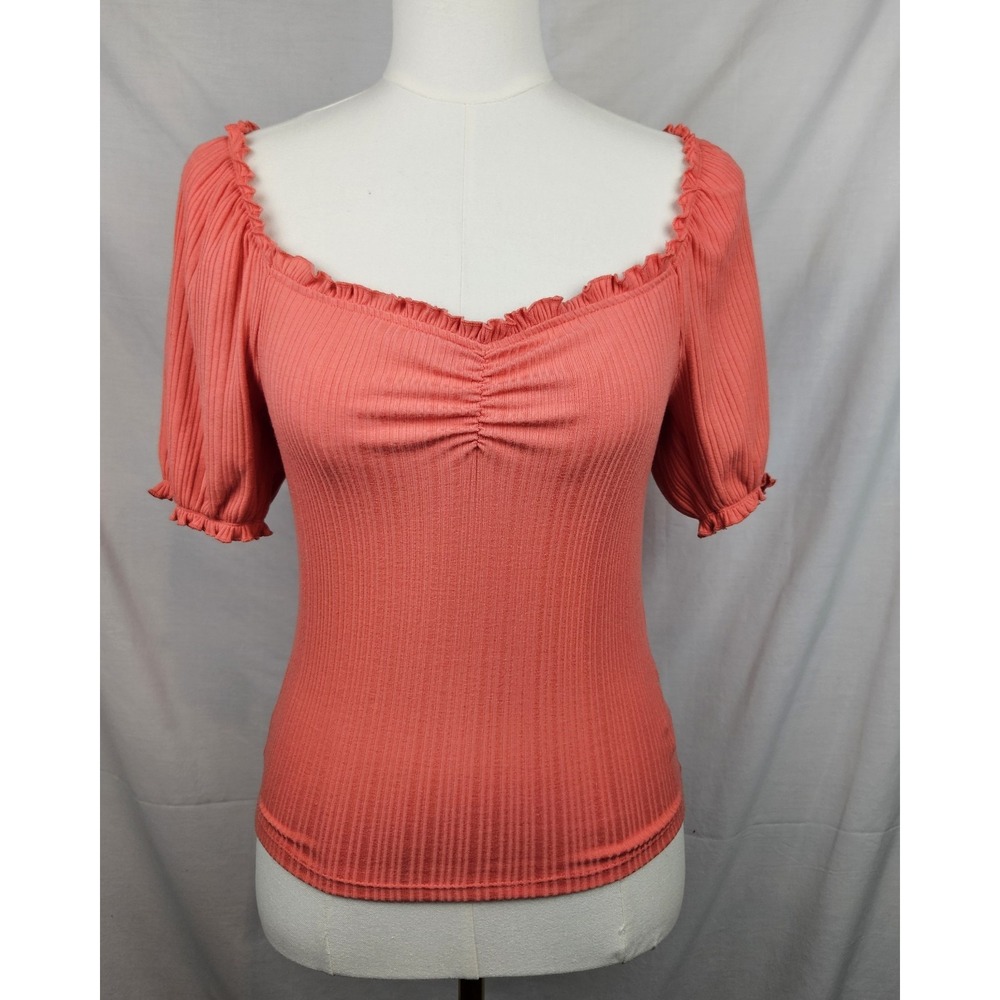 Forever 21 Cropped Puff Sleeve Off Shoulder Sz M Coral‎ Blouse Cottagecore Boho